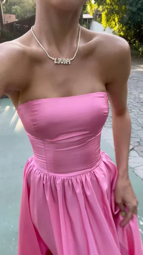 Abito lungo da sera rosa in raso senza spalline Abito elegante rosa per ballo Y442