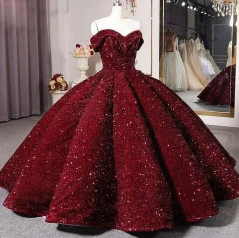 Abito da ballo bordeaux con paillettes e scollo a barca Abito per Quinceañera Abito per sedicesimo compleanno Y4160