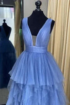 Abito lungo da sera in tulle blu a linea ad A Y5340