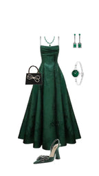 Vestido de Festa Verde Esmeralda em Linha A com Alças Finas, Vestido Elegante para Noite Y1799
