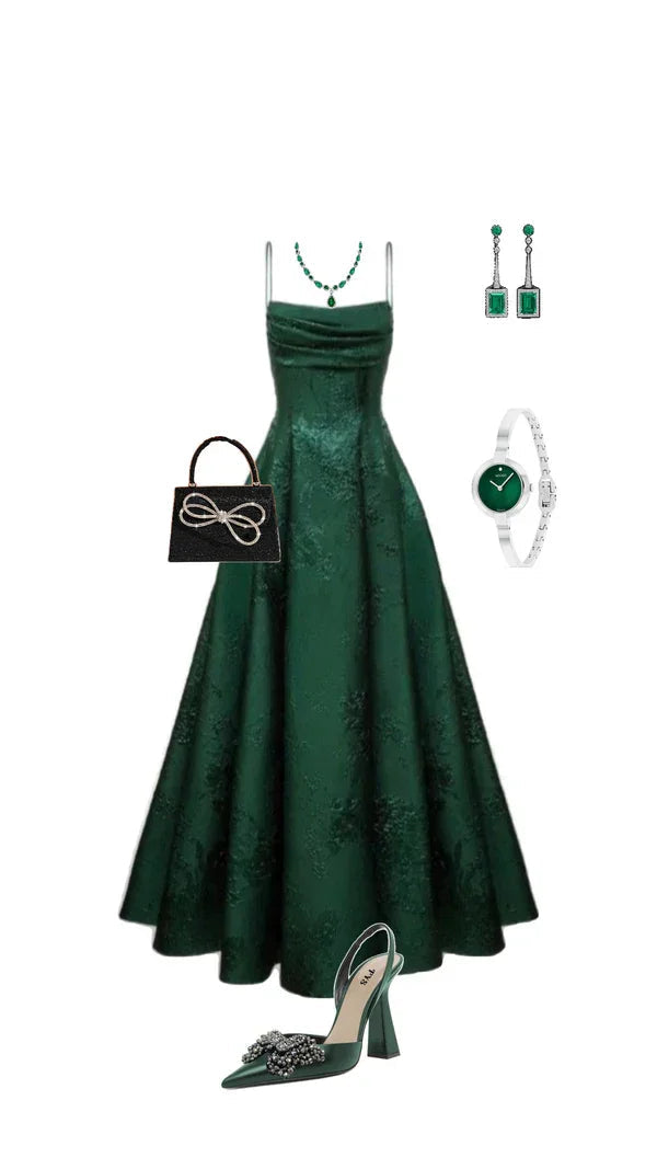 Vestido de Festa Verde Esmeralda em Linha A com Alças Finas, Vestido Elegante para Noite Y1799