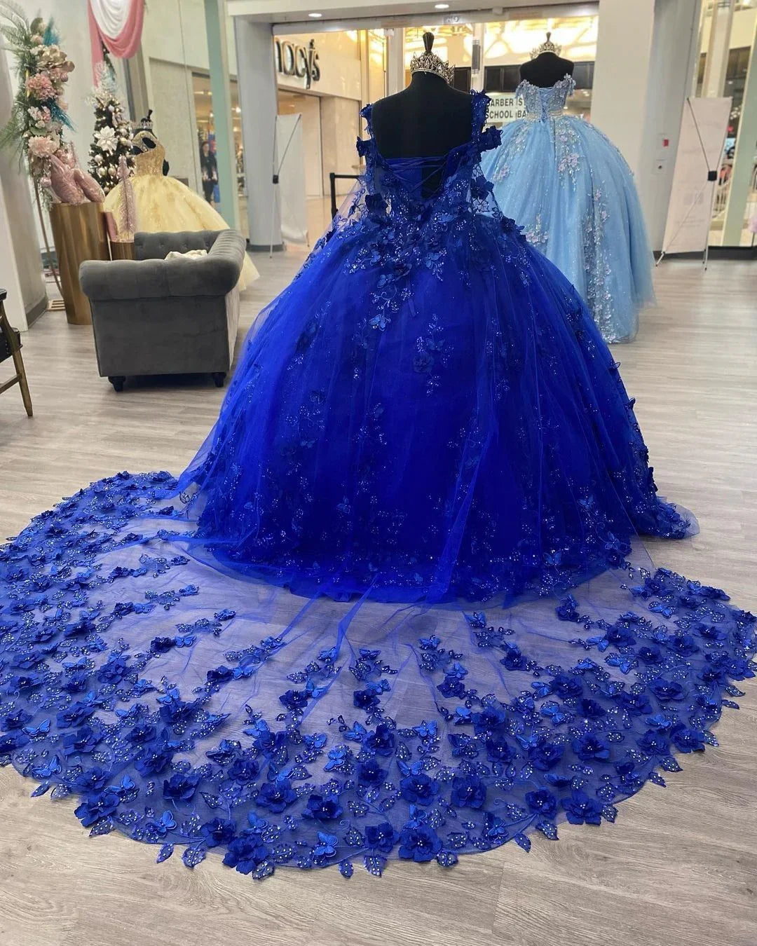 Vestido de princesa azul real para quinceañera con cola para niñas, largo para fiesta de graduación y velada, Y2479