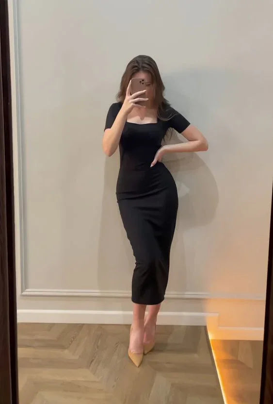 Vestito aderente nero sexy a maniche corte Vestito da sera nero Y5597