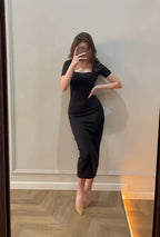 Vestito aderente nero sexy a maniche corte Vestito da sera nero Y5597