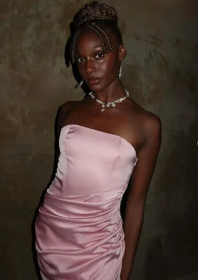 Vestido de Noite Elegante Rosa Sereia Sem Alças Plissado Vestido de Baile Y8126