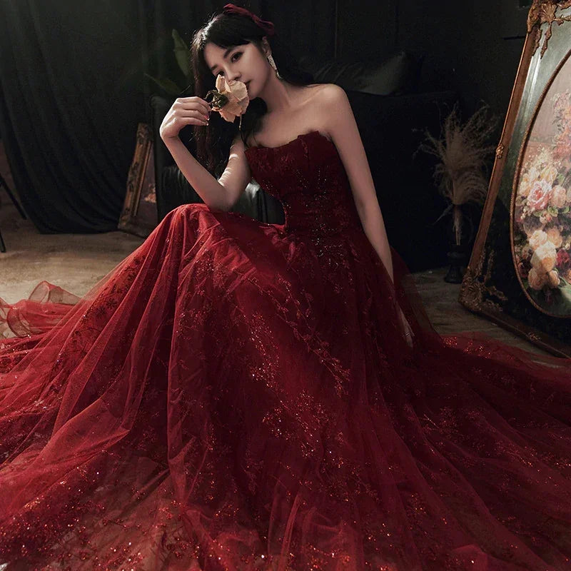 Robe de soirée longue en dentelle florale rouge vin et tulle Robe de fête bordeaux Robes de cérémonie Y1661