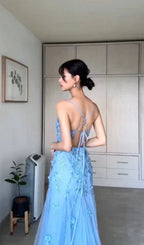 Vestido de Noite Sereia Comprido com Aplicações de Tule Azul Elegante Vestido de Baile Y8156