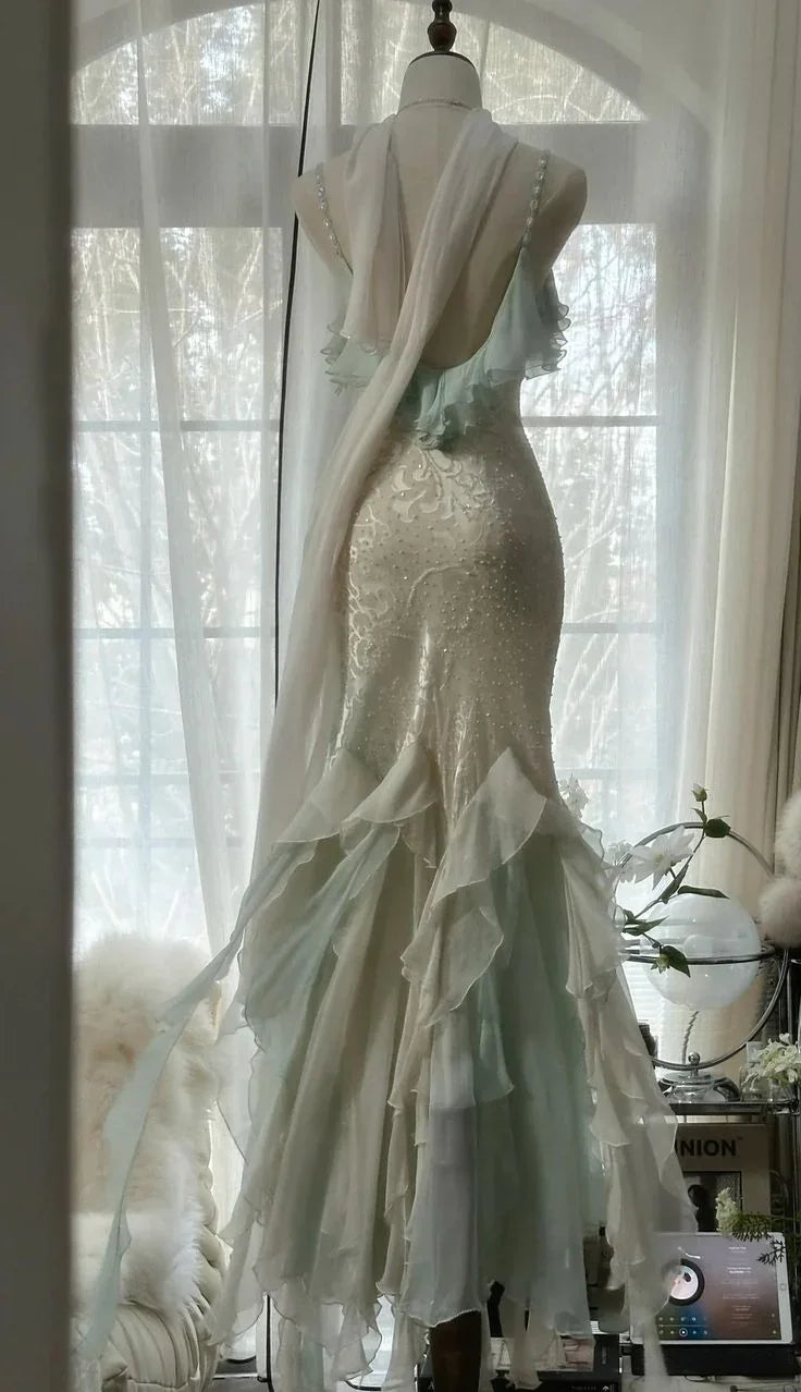 Abito da sera formale elegante verde menta temperamento sirena con spalline sottili in chiffon e perline, abito da ballo Y8546