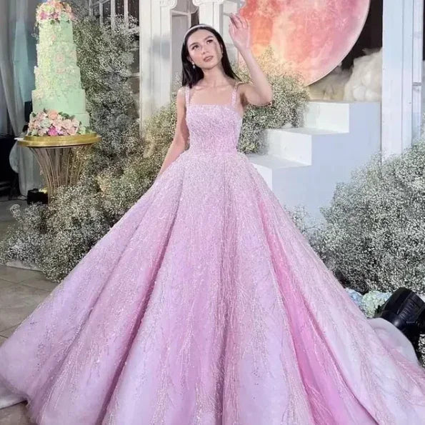 Nuovo Arrivo Abito Lungo da Ballo Formale con Cinghie Rosa, Paillettes e Perline per Occasioni Speciali Y4918