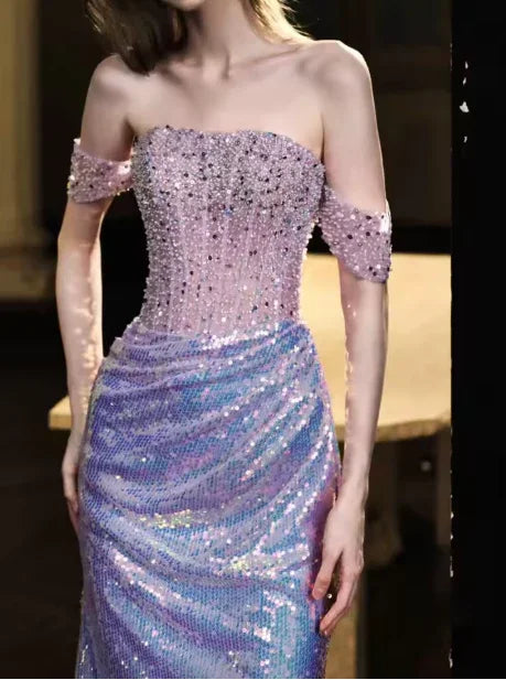 Vestido Formal de Noite Roxo com Lantejoulas e Contas, Ombros Descobertos, Estilo Sereia, Y8182
