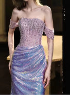 Vestido Formal de Noite Roxo com Lantejoulas e Contas, Ombros Descobertos, Estilo Sereia, Y8182