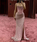 Encantador vestido largo de fiesta rosa con cuentas, tirantes finos y abertura, vestido de noche de sirena Y7970