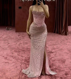 Encantador vestido largo de fiesta rosa con cuentas, tirantes finos y abertura, vestido de noche de sirena Y7970