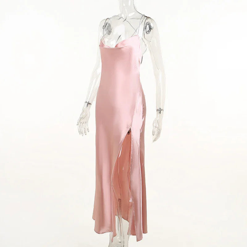 Abito lungo da sera rosa sirena sexy, abito da sera rosa scollato sulla schiena Y1933