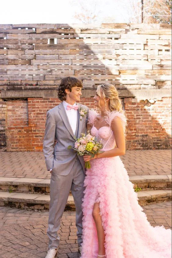 Abito rosa in tulle con balze Abito da ballo in tulle Corsetto Abito da sera in tulle Y6093