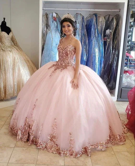 Abito da ballo con scollo a cuore rosa, abito da quindicenne in tulle, abito da principessa Y6475