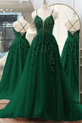 Abito lungo verde con scollo a V, pizzo floreale, stile principessa, abito da sera formale in tulle a linea ad A Y4251