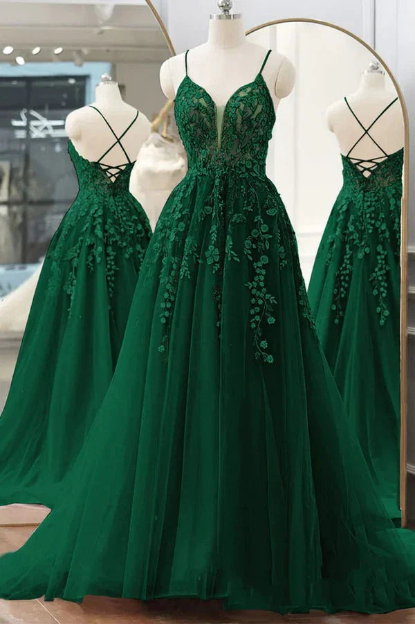 Abito lungo verde con scollo a V, pizzo floreale, stile principessa, abito da sera formale in tulle a linea ad A Y4251