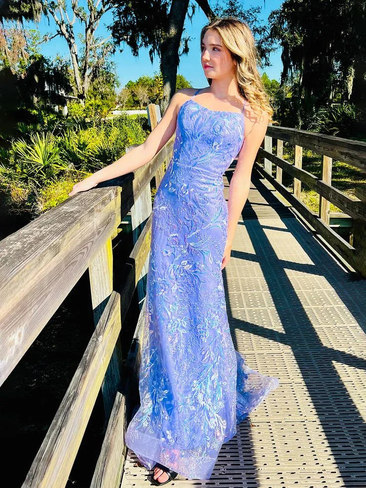 Vestido Longo de Baile e de Noite com Alças de Espaguete, Renda Lilás e Lantejoulas, Modelo Sereia Encantadora Y8235