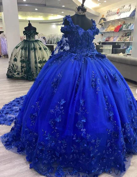 Königsblaues Süßes 16 Prinzessinnenballkleid Quinceañera-Kleider mit Schleppe für Mädchen Abschlussball Party Abend lang, Y2479