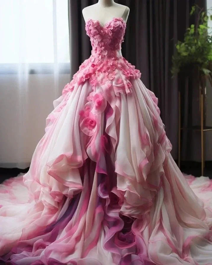 Belle robe de bal en mousseline rose avec appliques, décolleté en cœur, robe de soirée dégradée, robe de bal Y8524