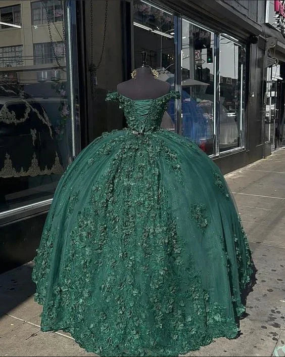 Abito da ballo principesco verde scuro Abiti per Quinceañera Festa dei 15 anni Abito da compleanno con fiori 3D e applicazioni in pizzo Y4254