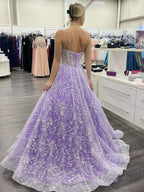 Vestidos longos de baile com decote coração e costas abertas em renda roxa, Vestidos formais em renda roxa, Vestidos de noite roxos Y1730