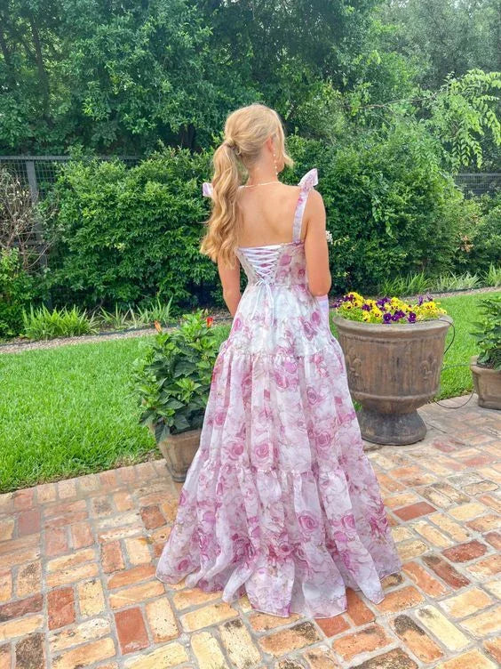 Abito da sera a linea A con stampa di rose in chiffon grazioso Y8498