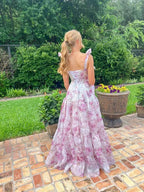 Abito da sera a linea A con stampa di rose in chiffon grazioso Y8498