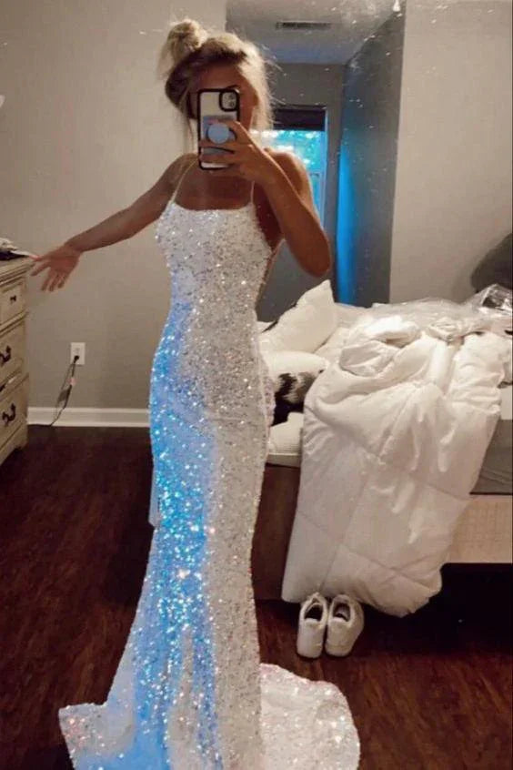 Abito da sera bianco con paillettes, spalline sottili scintillanti, modello sirena, Y8071