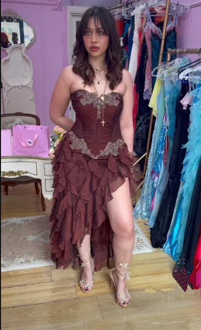 Abito da sera vintage rosa acceso in pizzo e chiffon con balze, senza spalline, abito da ballo Y8252