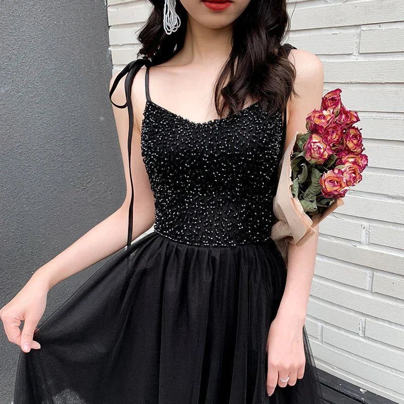 Abito lungo da sera nero in tulle con perline, abito da ballo nero Y1134