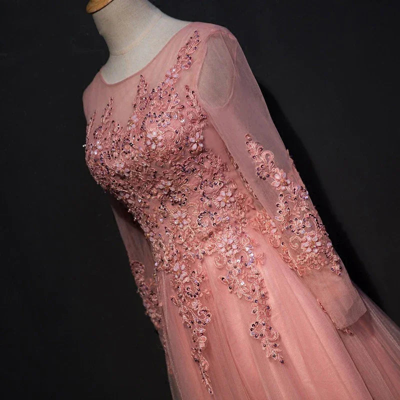 ABITO DA SERA ELEGANTE A LINEA A CON SCOLLATURA A U, LUNGO FINO AL PAVIMENTO, IN TULLE ROSA CON APPLICAZIONI, ABITO DA BALLO Y1177