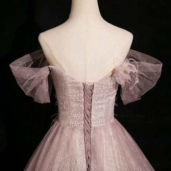 Vestido de noche formal elegante de tul rosa con lentejuelas, apliques de mariposas, modelo Y7996