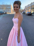 Vestido de Cetim Rosa para Baile com Bolsos, Vestidos Formais Longos de Cetim Rosa para Noite Y237