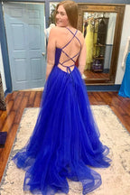 Abito lungo da sera azzurro in tulle con scollo a V e schiena scoperta, spacco alto, abito formale azzurro da ballo di fine corso Y218