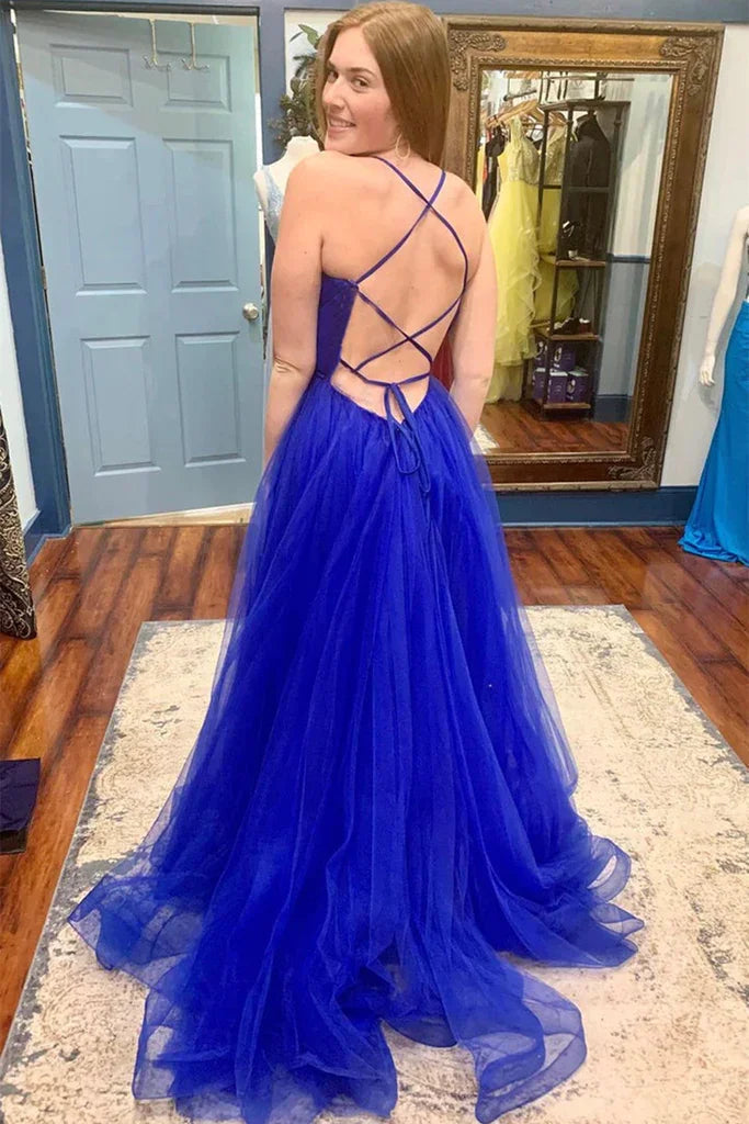 Abito lungo da sera azzurro in tulle con scollo a V e schiena scoperta, spacco alto, abito formale azzurro da ballo di fine corso Y218