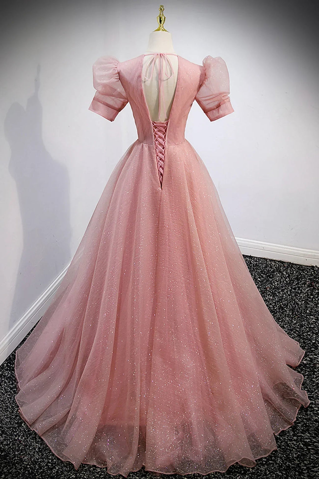 Abiti lunghi da sera rosa in tulle con scollo a V, linea a trapezio, maniche corte, modello Y892