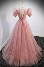 Abiti lunghi da sera rosa in tulle con scollo a V, linea a trapezio, maniche corte, modello Y892
