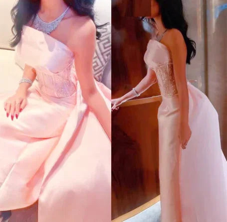 Robe de soirée formelle rose bébé en satin, bustier sans bretelles, corset d'Arabie Saoudite, paillettes scintillantes de Dubaï, robe de fête Y4887