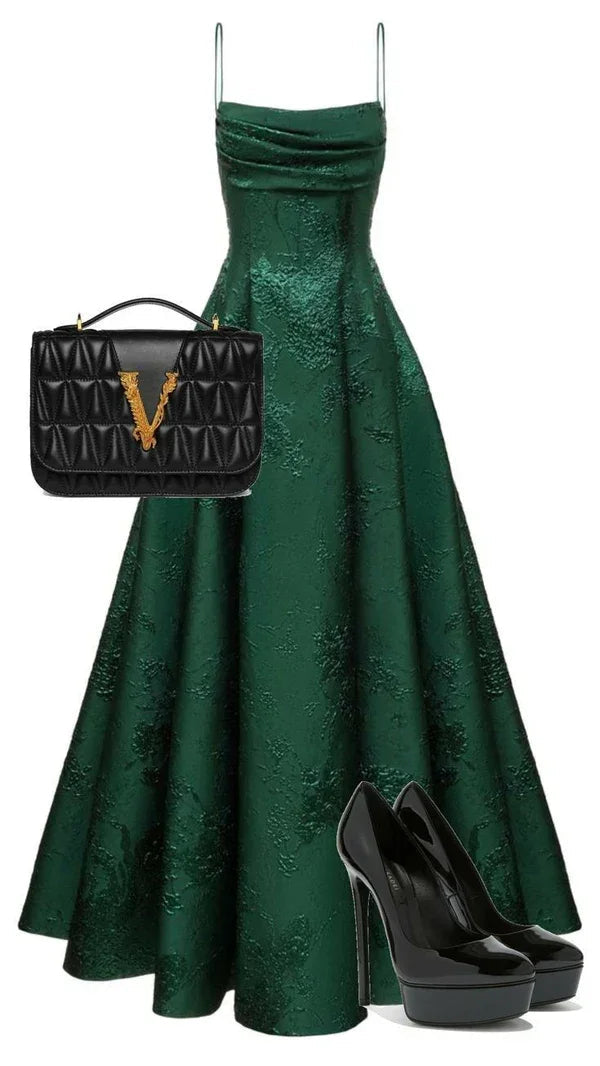 Vestido de Festa Verde Esmeralda em Linha A com Alças Finas, Vestido Elegante para Noite Y1799