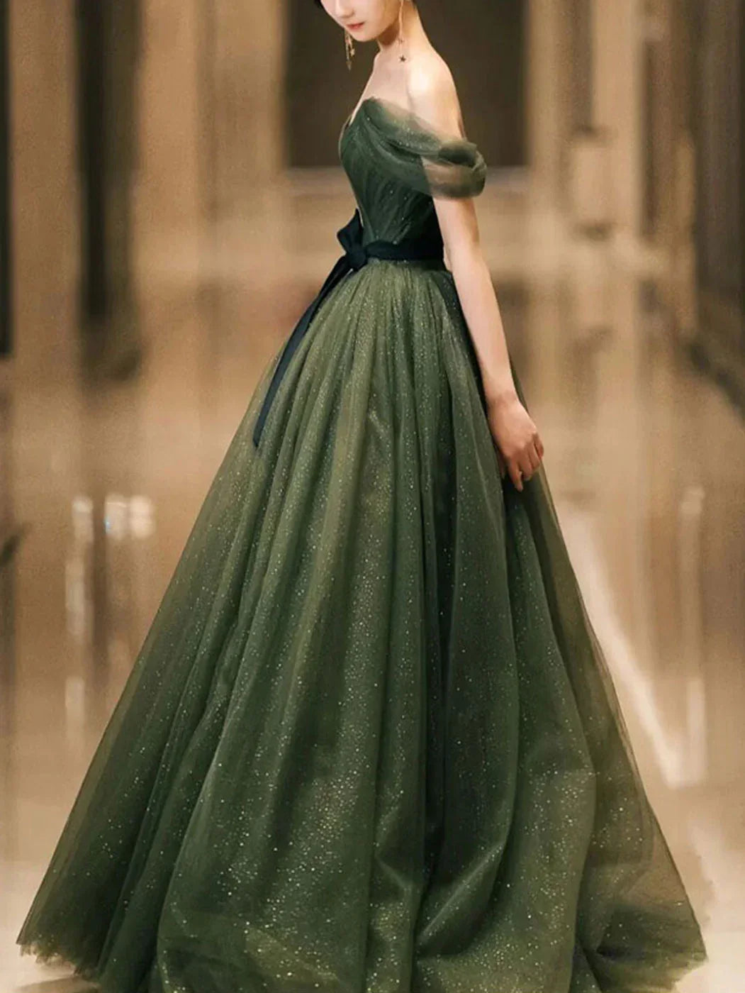 Abito lungo da sera semplice in tulle verde, abito da sera in tulle verde Y1554