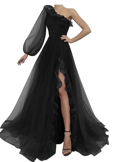 Abito da sera in tulle bordeaux monospalla S17925