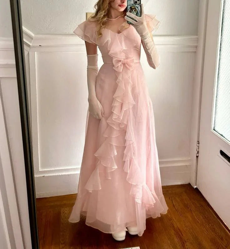 Vestido de Noite Formal Rosa Elegante em Chiffon com Folhos, Modelo Linha A para Baile Y8435