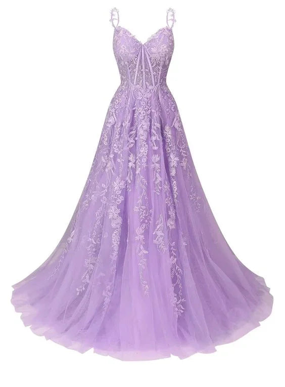 Vestido de Festa Longo com Aplicação de Renda de Tule para Mulher, Alças Finas, Corte em A, Vestido de Noite Y6196