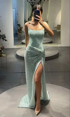 Abito da sera senza spalline con paillettes a sirena e spacco alto, abito da ballo sexy Y1611