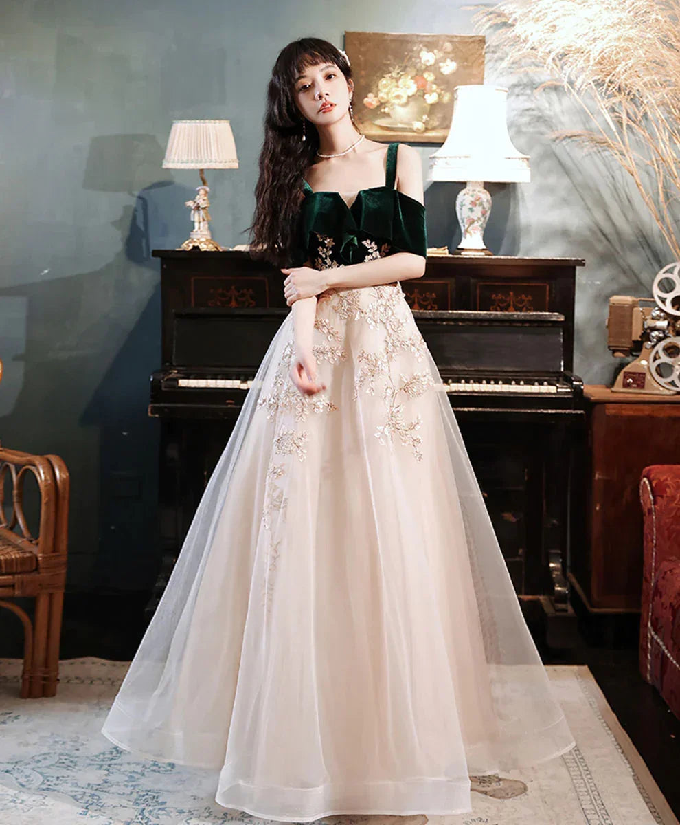 Abito lungo da sera verde in tulle e pizzo a linea ad A, abito formale verde da sera Y1928