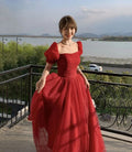 Bellissimo abito da sera lungo in tulle rosso a linea ad A Y7771