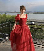 Bellissimo abito da sera lungo in tulle rosso a linea ad A Y7771