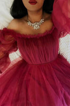 Abito da sera in tulle bordeaux con maniche lunghe Y503